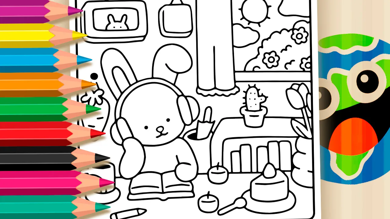Um coelho fofo de fones de ouvido em uma página de colorir online com ferramenta de preenchimento para o site MundoDosJogos.org.