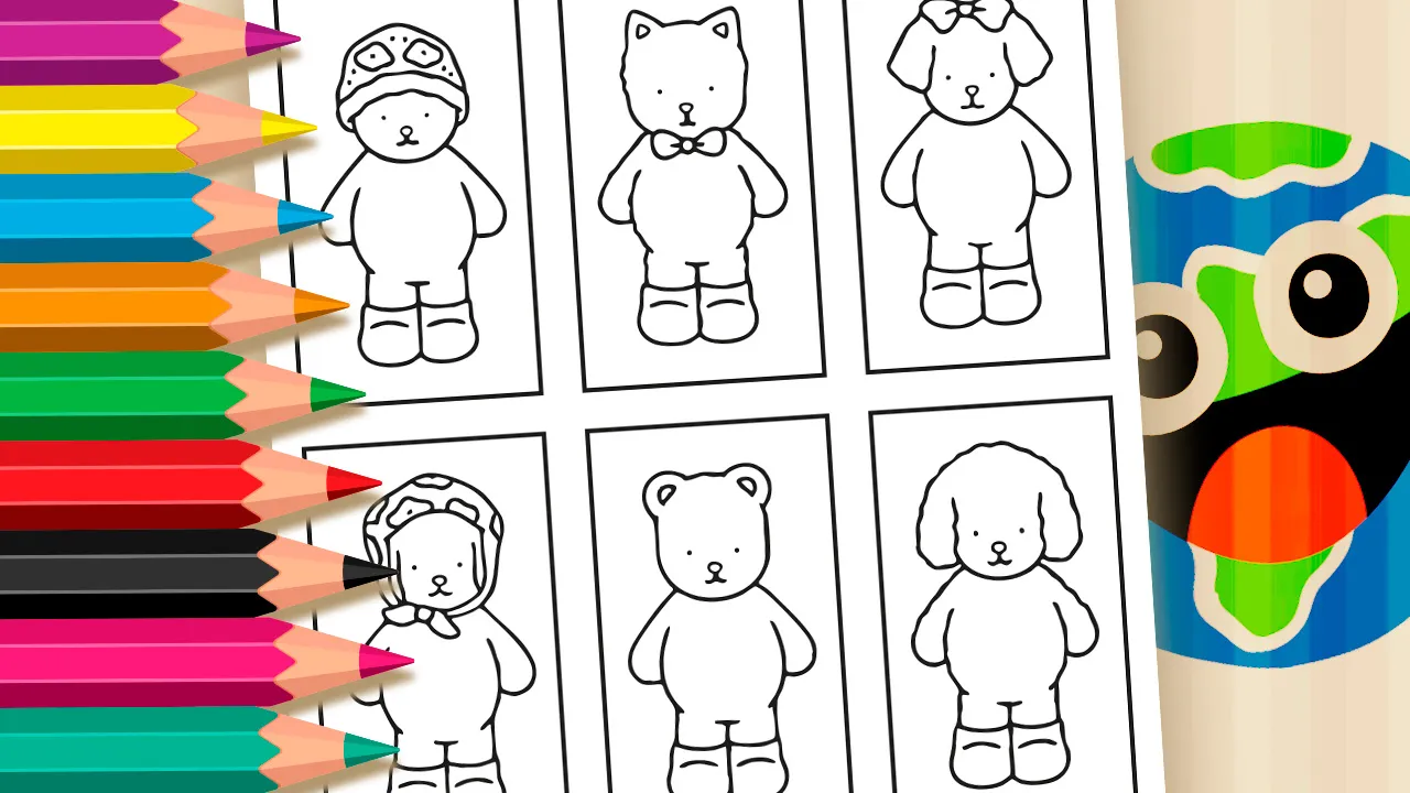 Seis personagens fofos no estilo Desenho Kawaii em um desenho para colorir, usando a ferramenta de colorir online do mundodosjogos.org.