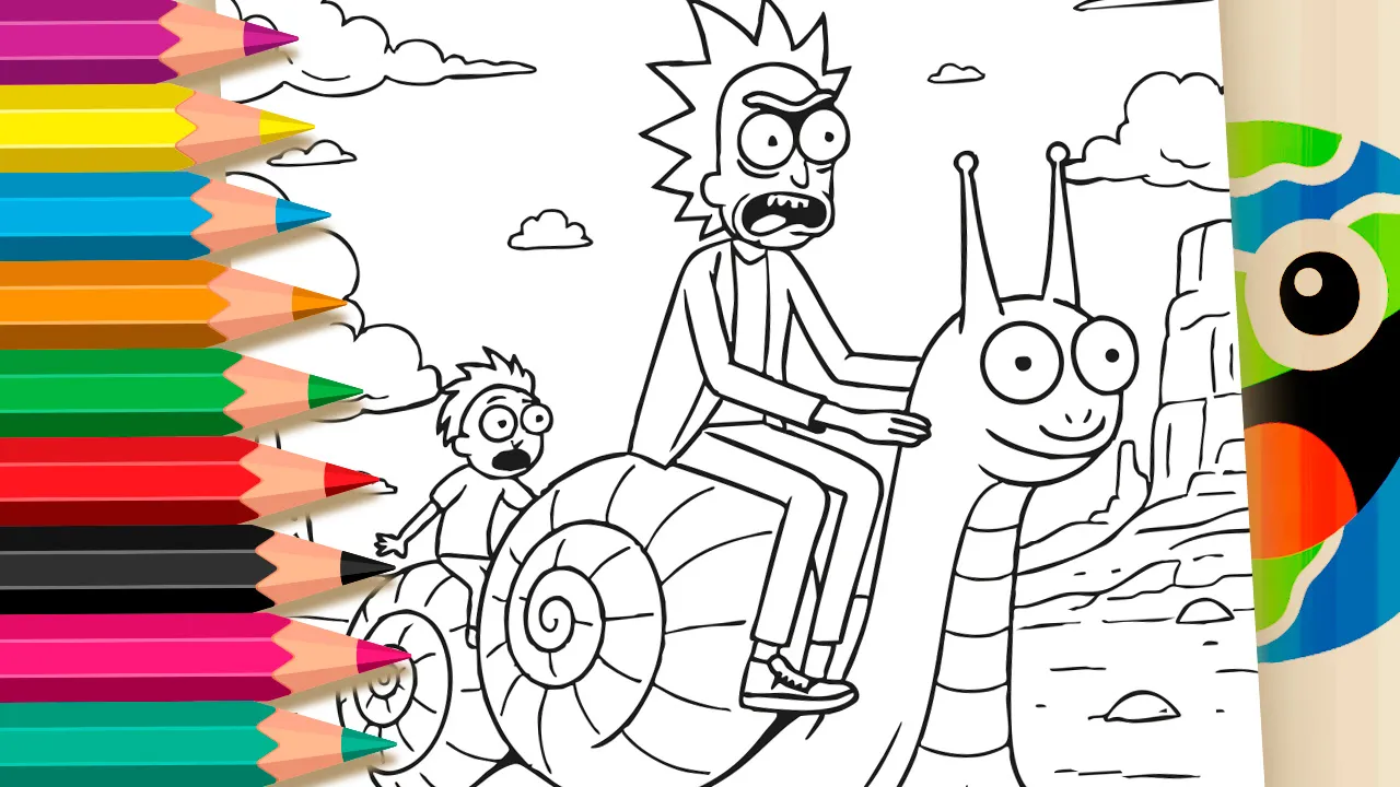 Rick e Morty montados em um caracol gigante no deserto. Uma divertida página de colorir de ficção científica e um desenho grátis para imprimir para uma atividade criativa de mundodosjogos.org.