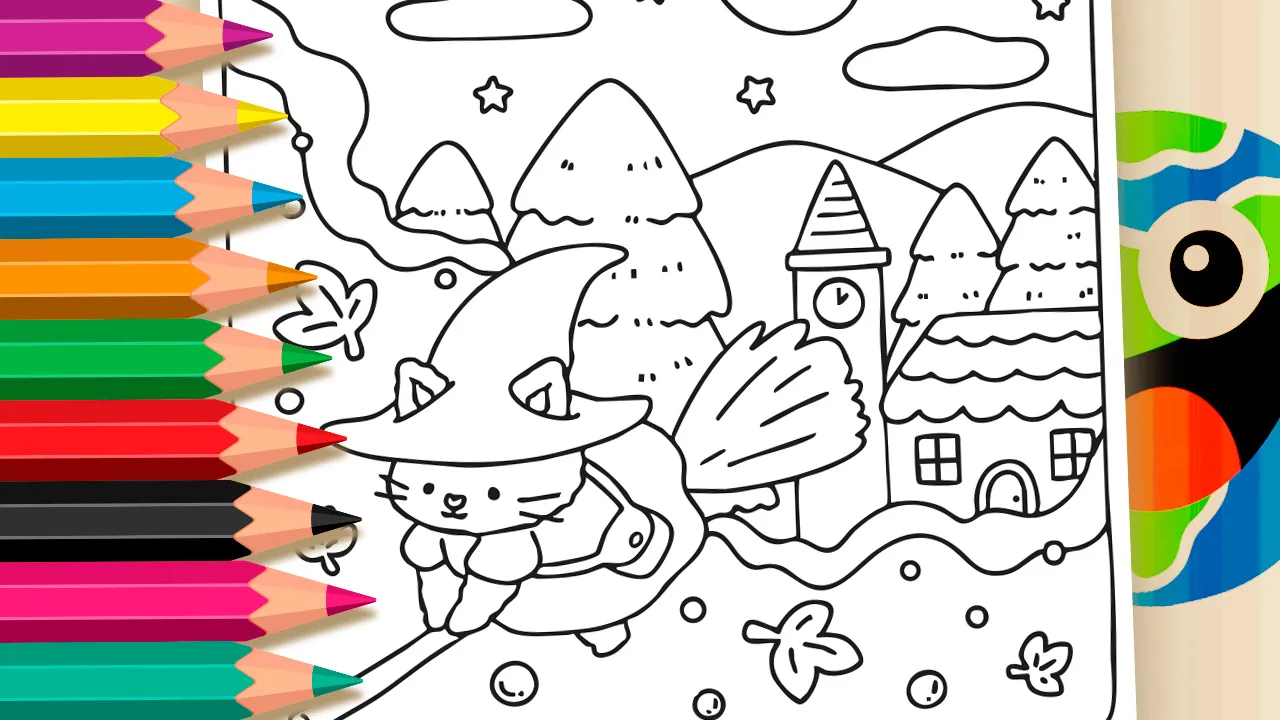 Página para colorir Gato de Halloween online grátis - desenho de um gatinho fofo com chapéu de bruxa voando em uma vassoura sobre uma vila à noite no Mundodosjogos.org