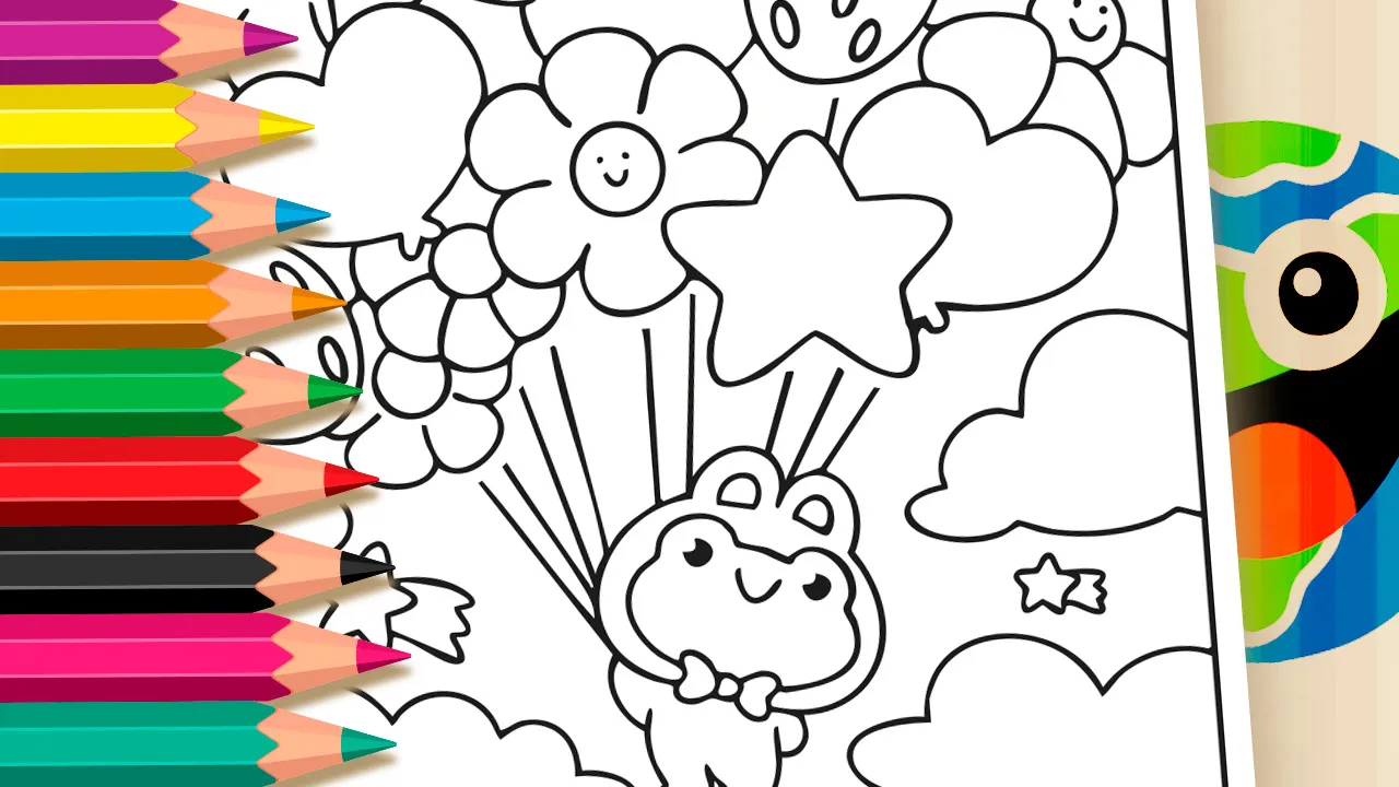 Página para colorir Sapo com Balões online grátis - desenho de um sapo fofo sendo levantado por balões de flores, estrelas e corações no Mundodosjogos.org