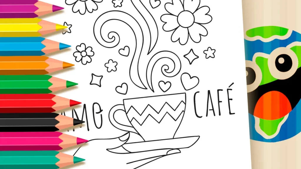 Página para colorir de uma mão segurando uma xícara de café com a frase AMO CAFÉ. Vapor sobe virando flores, corações e estrelas. Para colorir no Mundodosjogos.org.