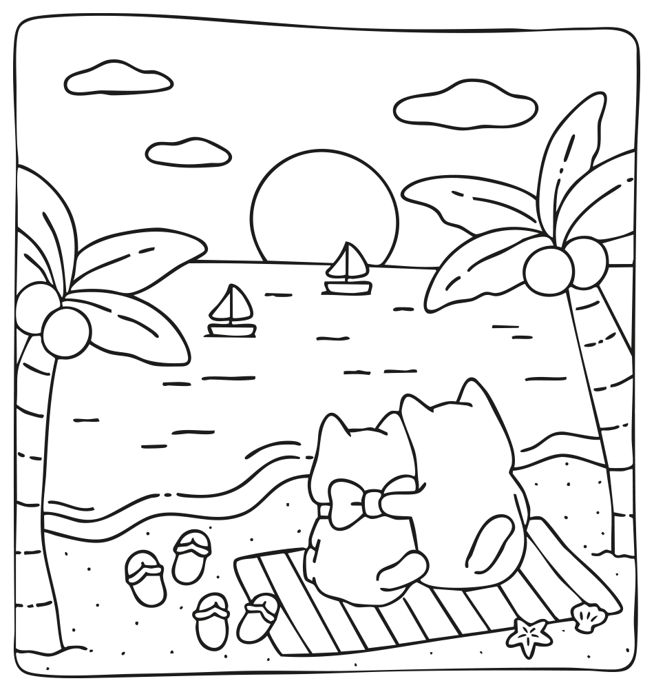 Desenho de Casal de Gatos na Praia Colorir para imprimir e colorir - PDF grátis para pessoas de todas as idades
