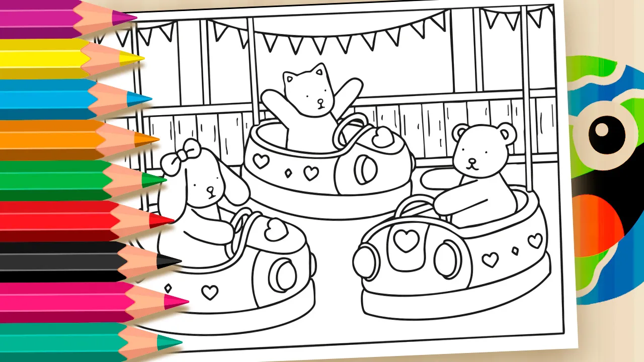 Página para colorir Desenho Kawaii Carrinho Bate-Bate online grátis - desenho com três animais fofos se divertindo em carrinhos de bate-bate no Mundodosjogos.org