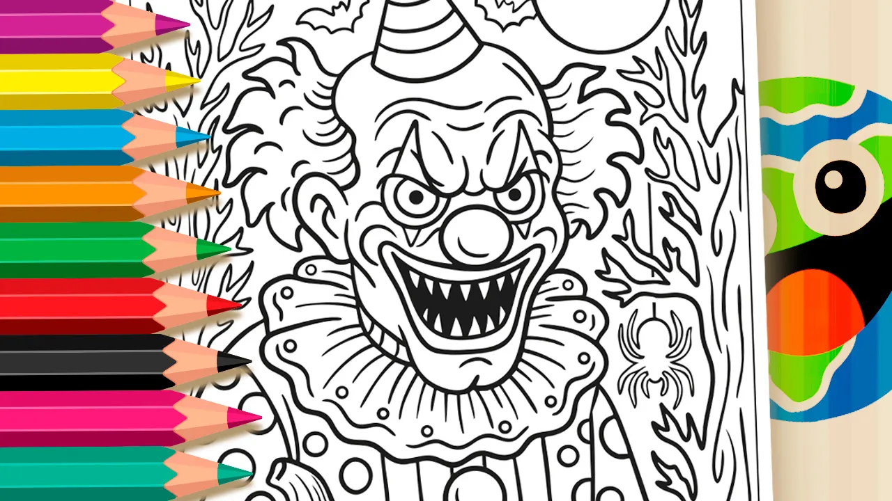 Página para colorir Palhaço de Halloween - desenho de um palhaço assustador com uma abóbora em uma floresta com morcegos para imprimir ou colorir online.