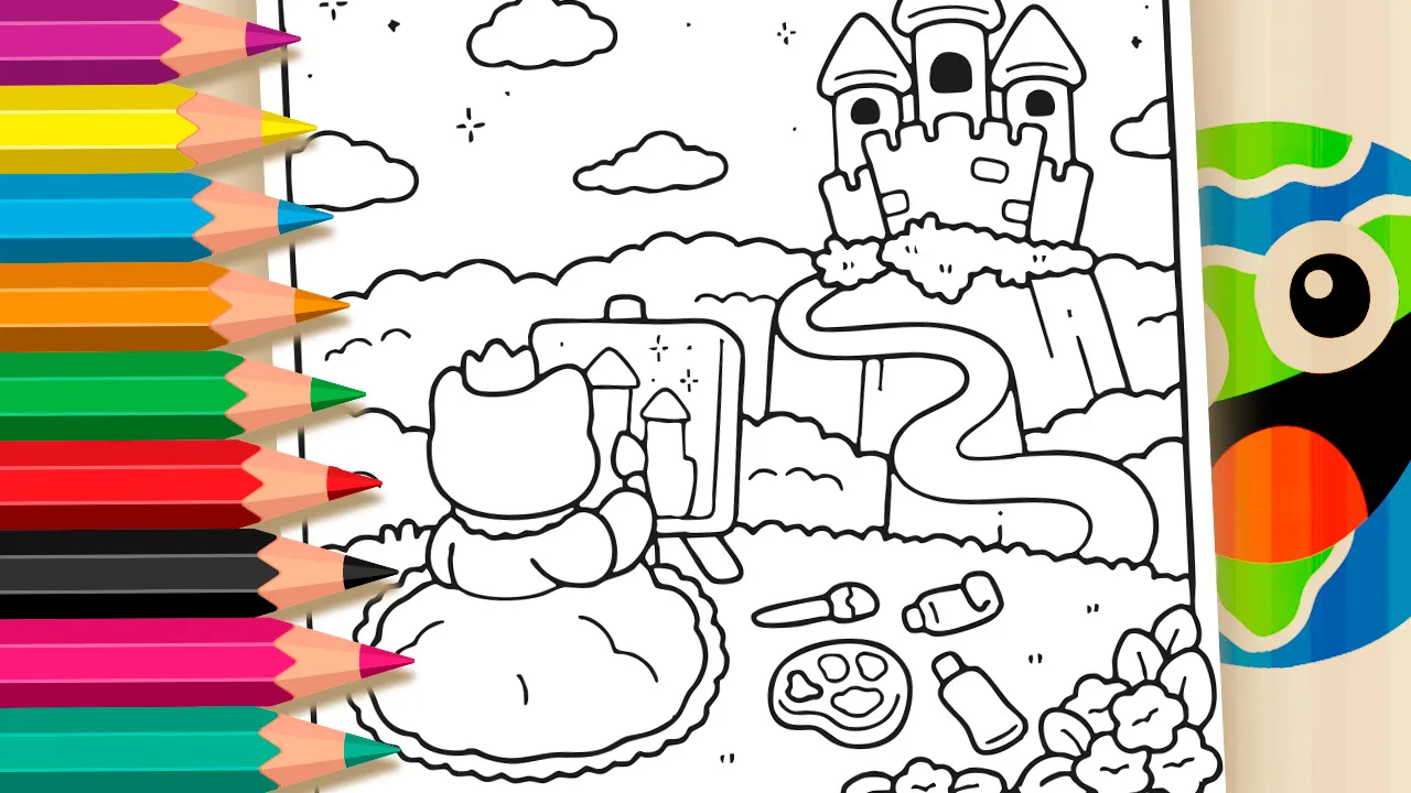 Página para colorir Princesa Gatinha online grátis - gatinha com coroa e vestido pintando um castelo em uma tela, com o castelo real ao fundo no Mundodosjogos.org