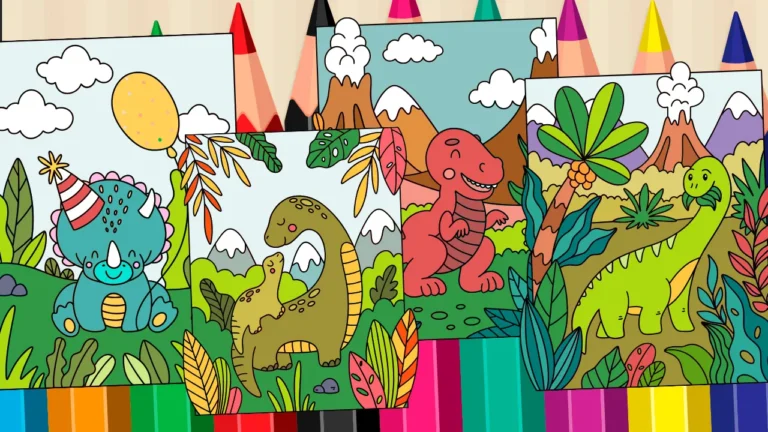 Desenho de dinossauro para colorir online, apresentando um T-Rex amigável e outros dinossauros em um cenário pré-histórico, ideal para crianças.