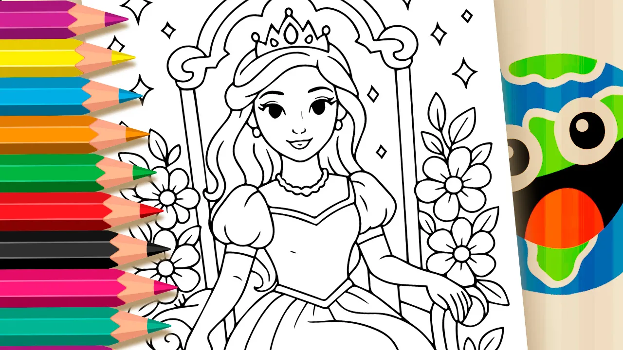 Uma linda princesa em um trono cercada de flores. Um desenho para colorir grátis usando a ferramenta de colorir online do MundoDosJogos.org.