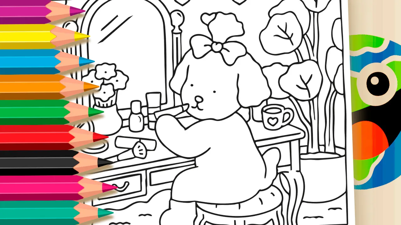Desenho de cachorrinha Desenho Kawaii se maquiando no espelho, para colorir online no site mundodosjogos.org.
