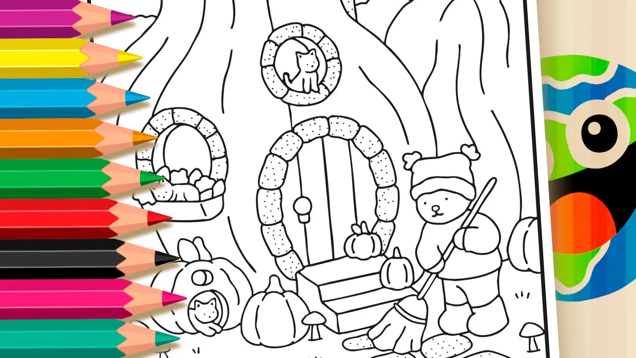 Desenho de Desenho Kawaii para colorir de uma casa abóbora com um urso e gatos. Use a ferramenta de colorir online do MundodosJogos.org.