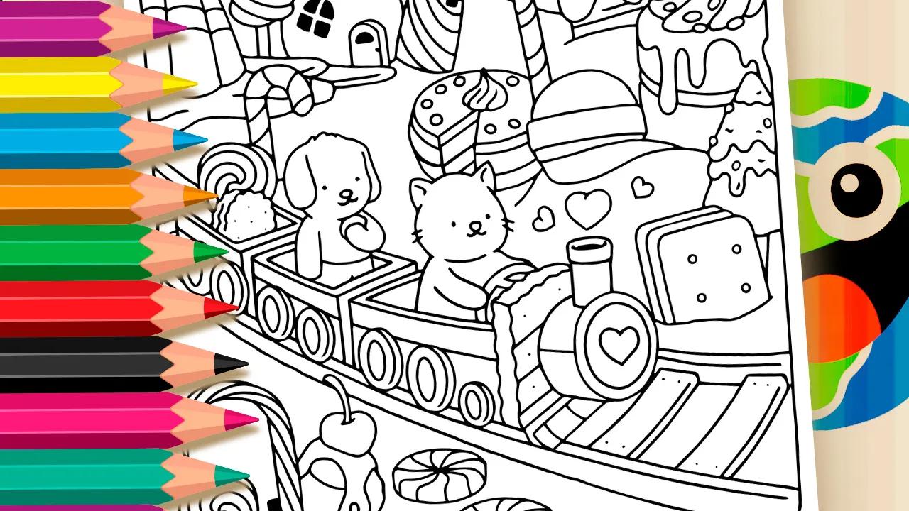Desenho para colorir de Desenho Kawaii com um gato e cachorro em um trem de doces. Use nossa ferramenta de colorir online no mundodosjogos.org.