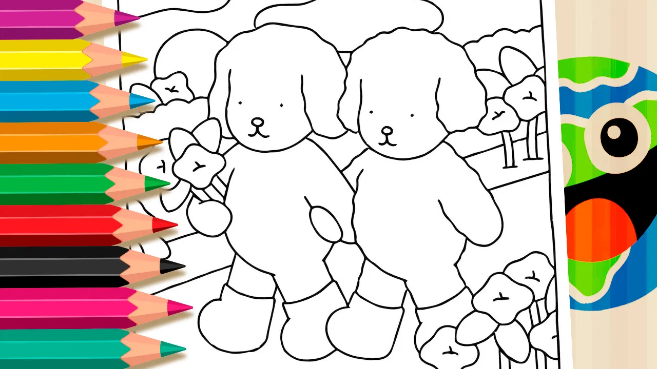 Página para colorir de Desenho Kawaii com dois cachorrinhos apaixonados online grátis - Dois cachorrinhos fofos no estilo Desenho Kawaii andam de mãos dadas em um cenário com flores e a palavra 'Amor' para colorir no Mundodosjogos.org