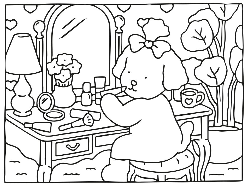 Desenho de senho Kawaii se Arrumando no Espelho para Colorir para imprimir e colorir - PDF grátis para pessoas de todas as idades