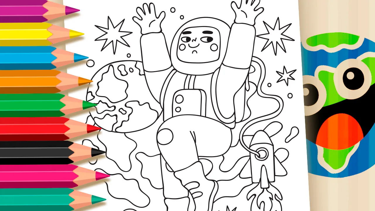 Desenho para colorir astronauta fofo - simpático astronauta de braços abertos flutuando no espaço para imprimir ou colorir online
