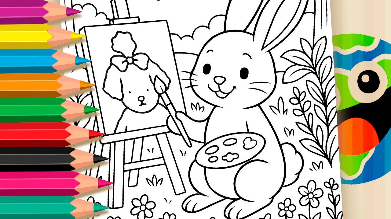 Desenho para colorir coelhinho pintando cachorrinho Desenho Kawaii - coelho artista fofo com cavalete e retrato de cão para imprimir ou colorir online
