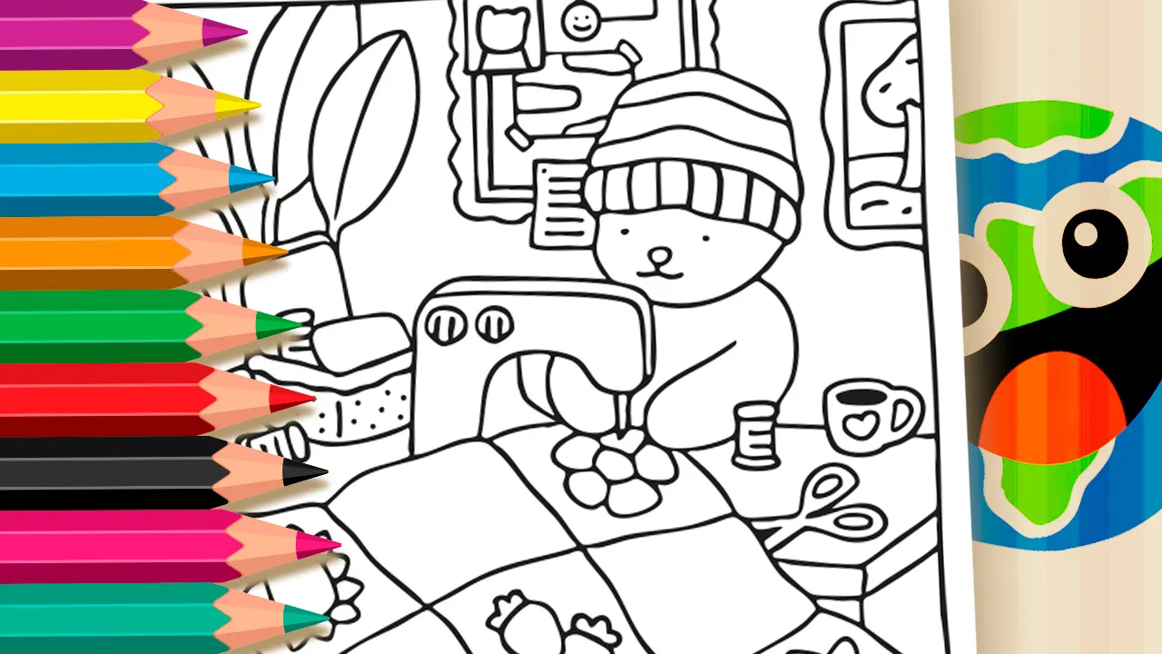 Desenho para colorir Desenho Kawaii - urso fofo costurando uma colcha de retalhos em máquina de costura para imprimir ou colorir online