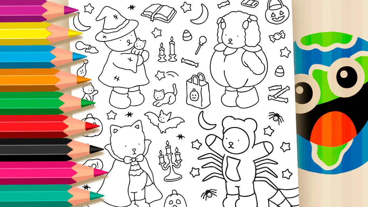 Desenho para colorir Desenho Kawaii Fantasias de Halloween - personagens fofos de bruxa, vampiro e aranha para imprimir ou colorir online