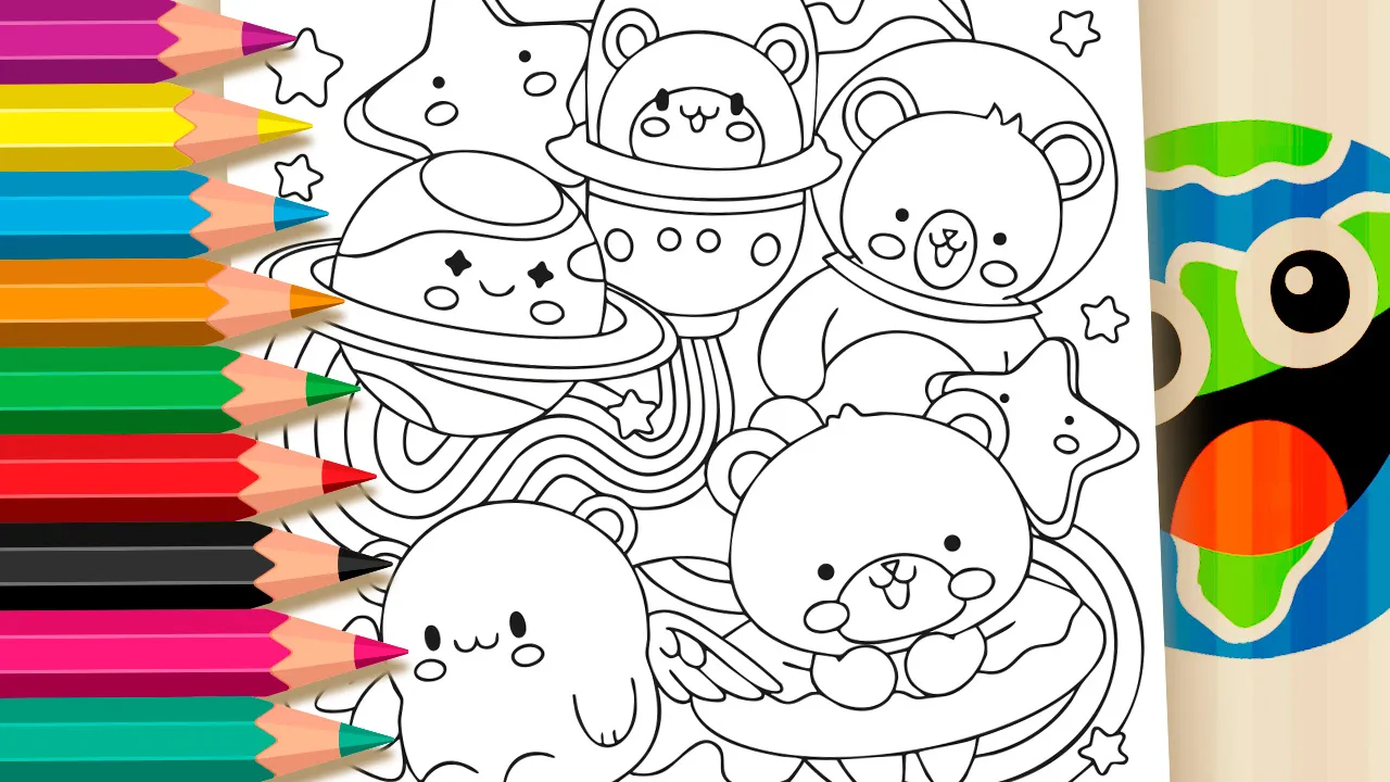 Desenho para colorir espaço fofo - ursinhos astronautas, planetas sorridentes e estrelas no espaço para imprimir ou colorir online
