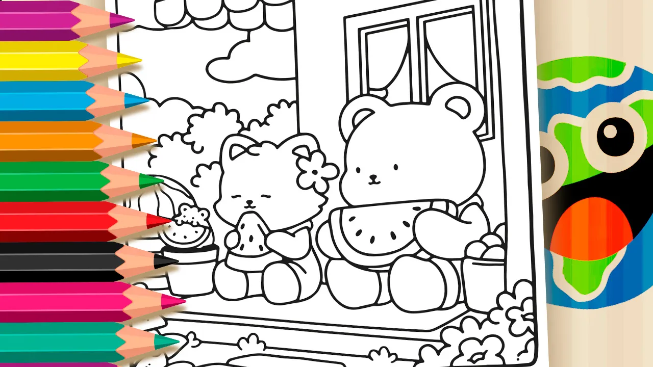 Lanche Saudável do Urso e Gato para Colorir | Mundo dos Jogos