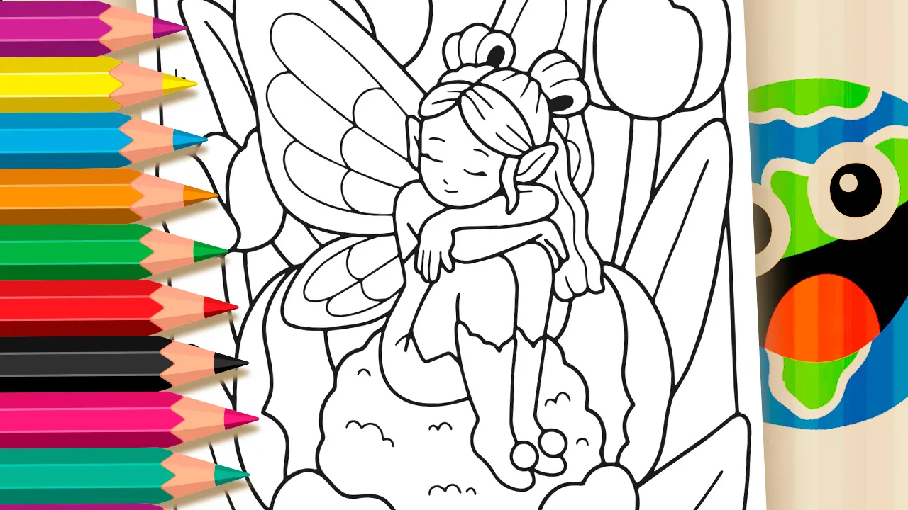 Desenho para colorir de fada com asas em uma flor, com estrelas e folhas. Ferramenta de colorir online no mundodosjogos.org.