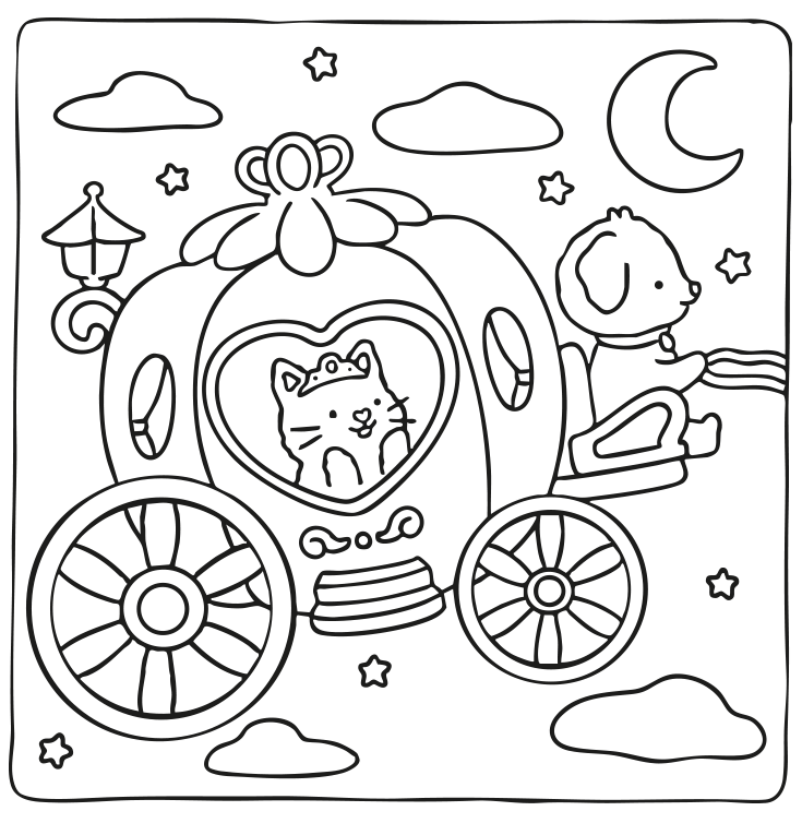 Desenho de Colorir Gatinha na Carruagem  - Divirta-se para imprimir e colorir - PDF grátis para pessoas de todas as idades