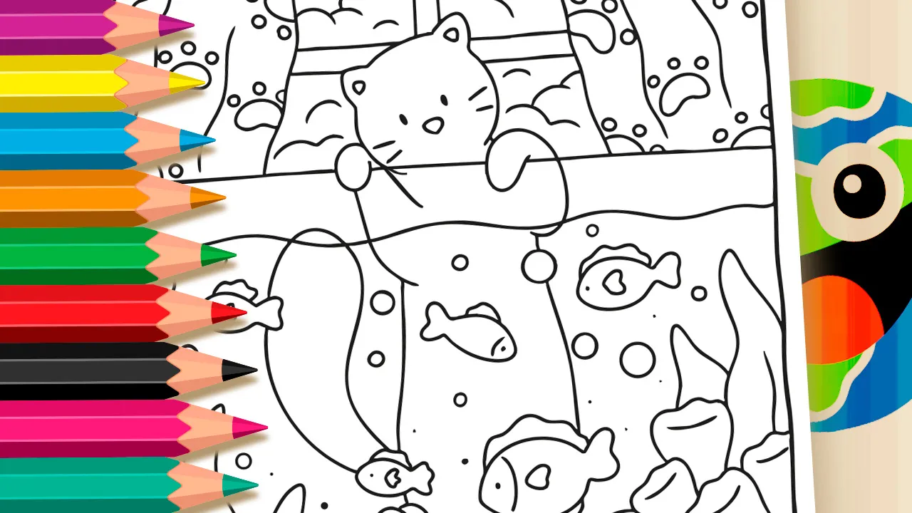 Página de Colorir Gatinho Pescador Online | Mundo dos Jogos