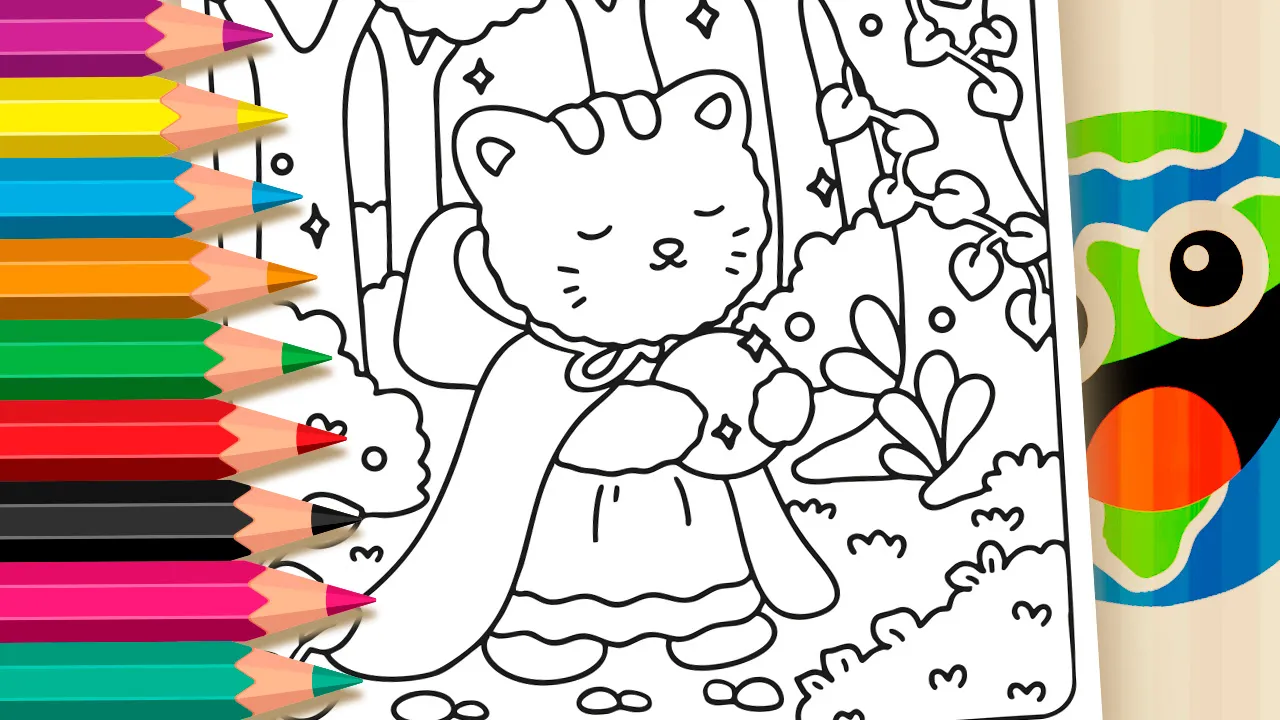 Página para colorir de gato mágico com cena de floresta, apresentando um gato de vestido e capa segurando um orbe estrelado, disponível com ferramenta de colorir online no MundoDosJogos.org