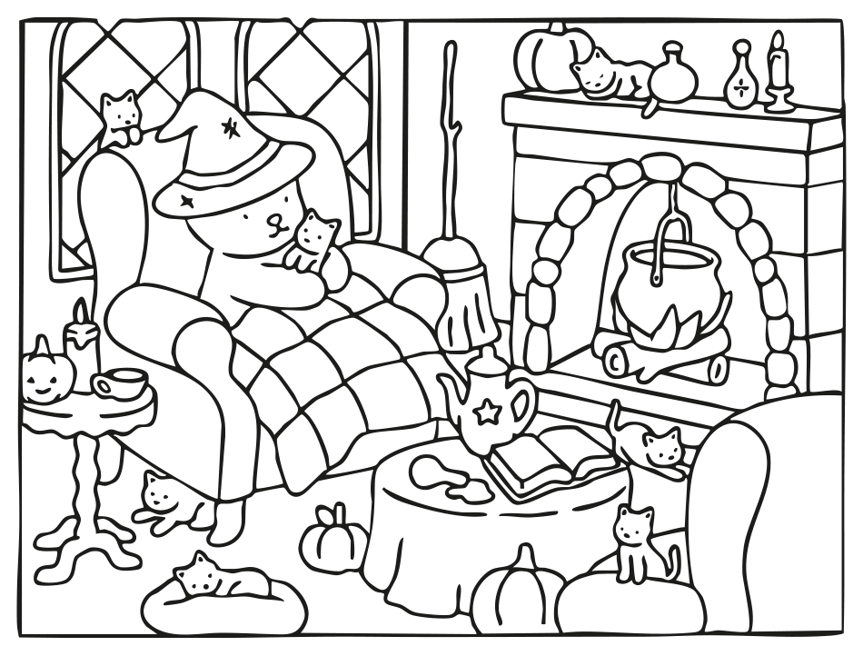 Desenho de Gatos do Halloween de Kawaii - Página de Colorir para imprimir e colorir - PDF grátis para pessoas de todas as idades