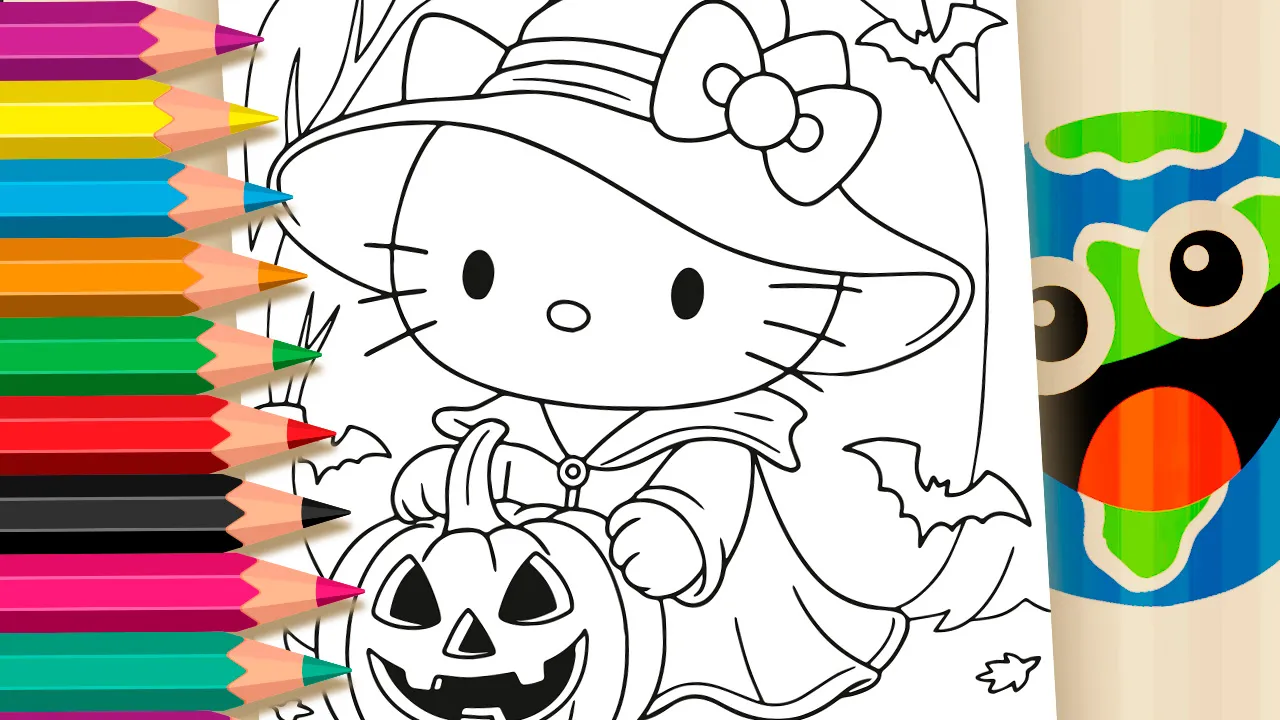 Página para colorir da Hello Kitty de Halloween com chapéu de bruxa e abóbora, pronta para colorir com a ferramenta online do MundoDosJogos.org.