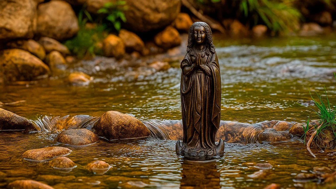 Representação do achado milagroso de 1717: a pequena imagem de terracota de Nossa Senhora Aparecida nas águas escuras de um rio, antes de ser encontrada pelos pescadores.