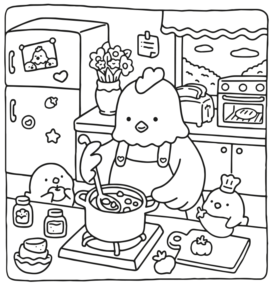 Desenho de Mamãe Galinha Cozinhando - Página de Colorir para imprimir e colorir - PDF grátis para pessoas de todas as idades