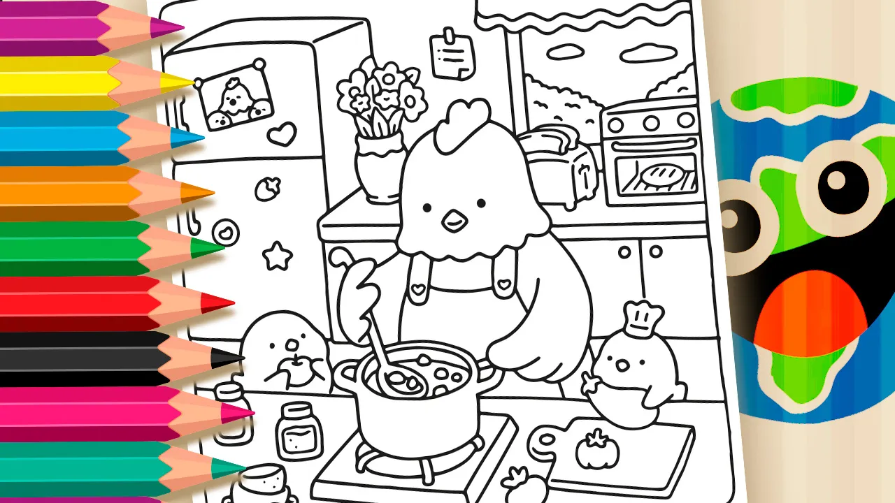Mamãe Galinha Cozinhando – Página de Colorir Online
