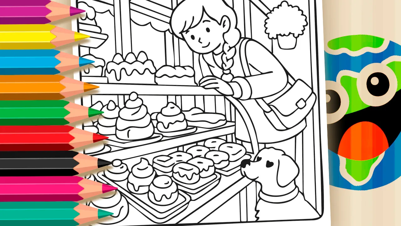 Página para colorir de padaria com menina, cachorro e doces - ferramenta de colorir online do MundodosJogos.org