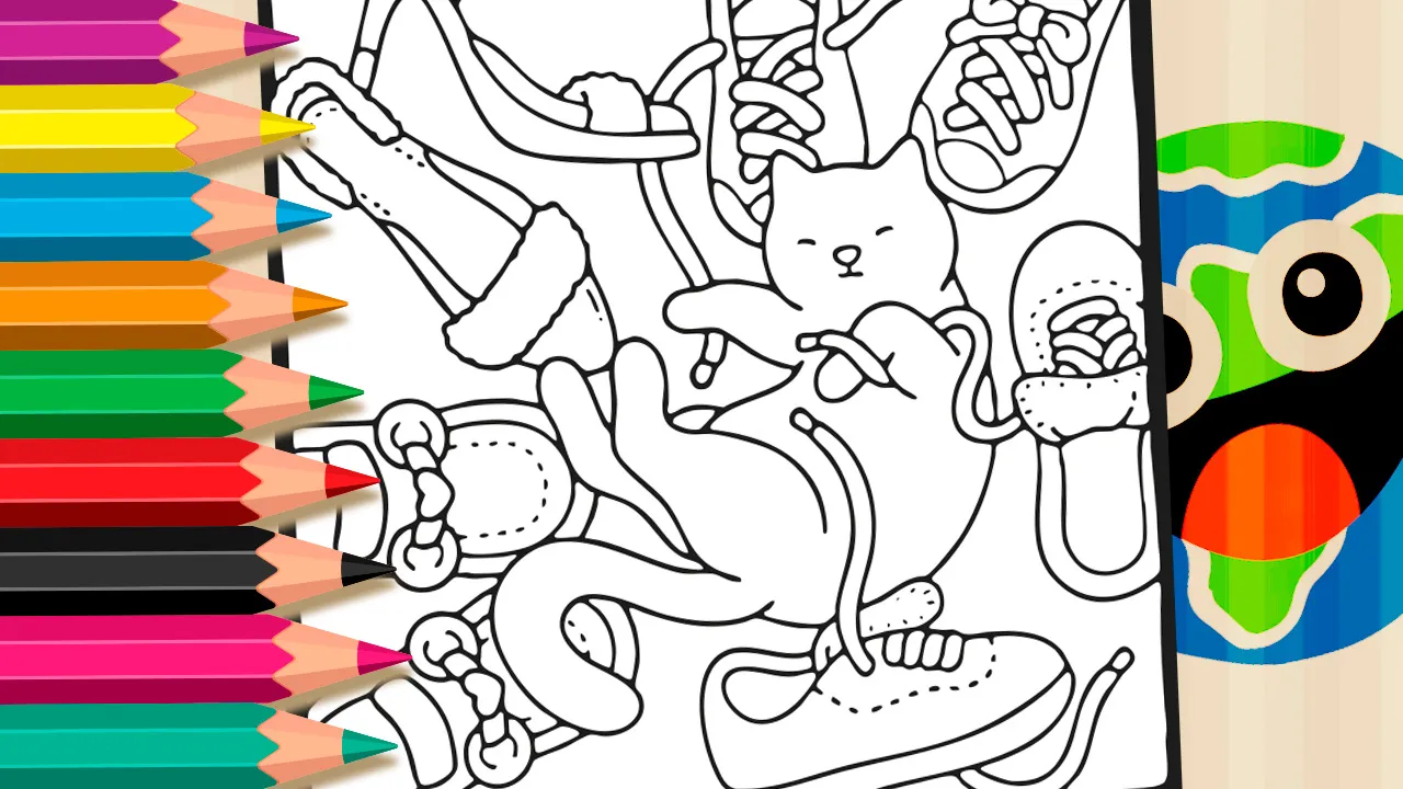 Desenho para colorir gato fofo - gato deitado brincando em uma pilha de sapatos, tênis e botas para imprimir ou colorir online
