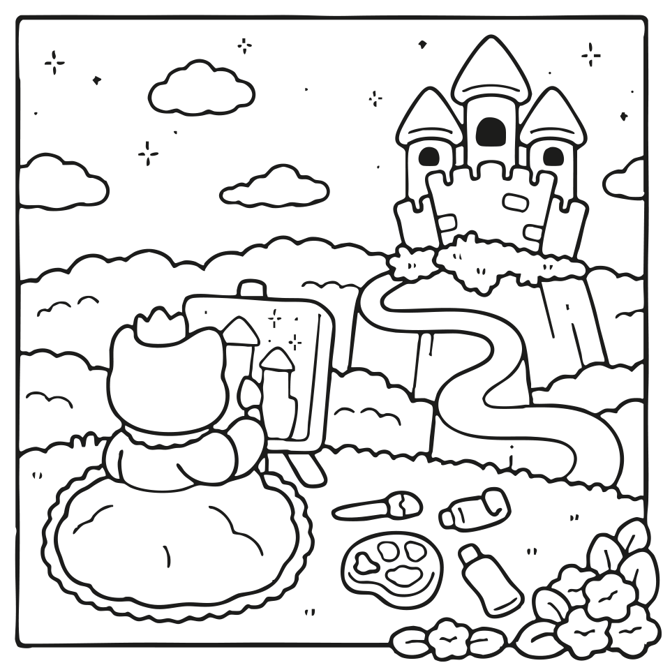 Desenho de Colorir Princesa Gatinha Colorindo Castelo  - Divirta-se para imprimir e colorir - PDF grátis para pessoas de todas as idades