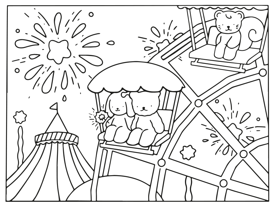 Desenho de Ursinhos na Roda Gigante para Colorir para imprimir e colorir - PDF grátis para pessoas de todas as idades