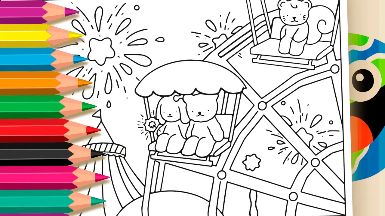 Um desenho fofo de dois ursos em uma roda gigante com fogos de artifício para colorir com a ferramenta online do site mundodosjogos.org.