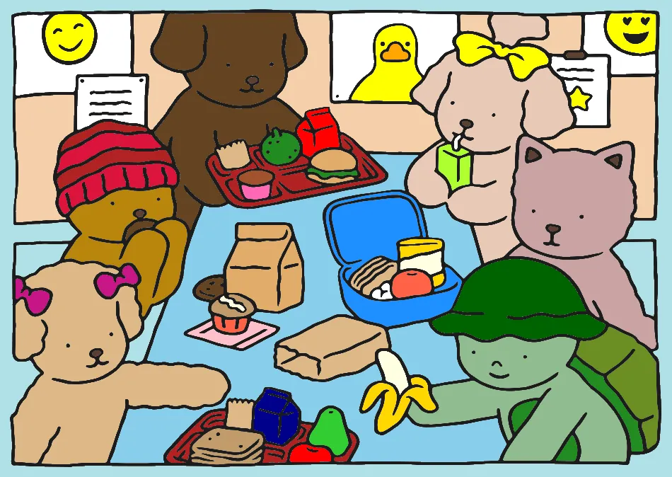 Amizades e lanches escolares – Desenho Colorido Online para Pintar e Imprimir | Jogo de Colorir Grátis no Mundo dos Jogos - Imagem Destacada