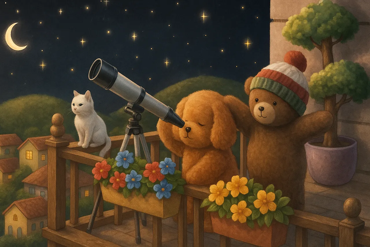 Dois ursinhos de pelúcia observam o céu estrelado em uma varanda olhando por um telescópio. Releitura de um desenho de Bobbie Goods.