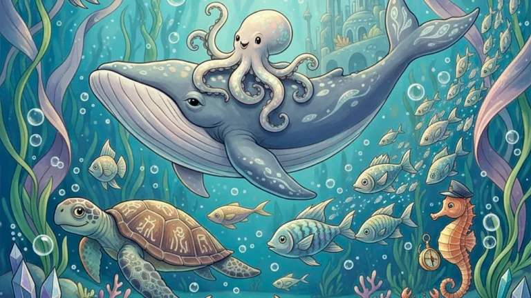 Um ecossistema marinho, com vários animais marinhos em um estilo de desenho animado.