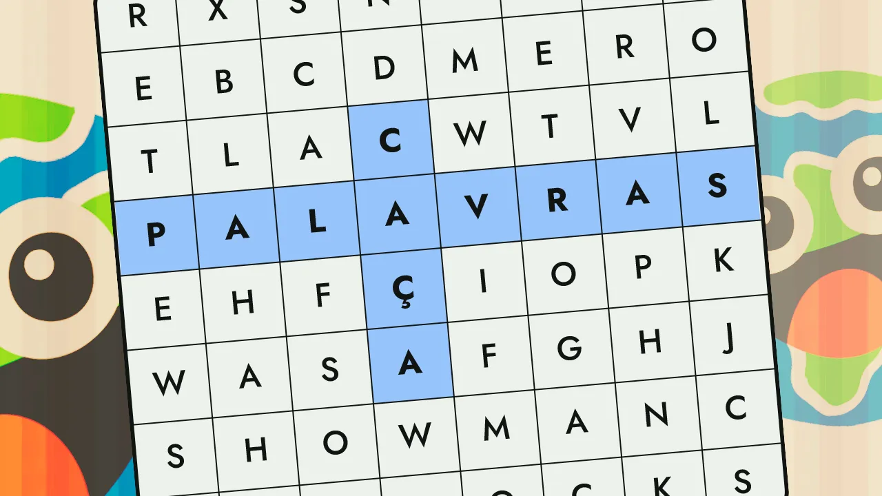 Caça-palavras online grátis com grade de letras e palavra destacada em azul