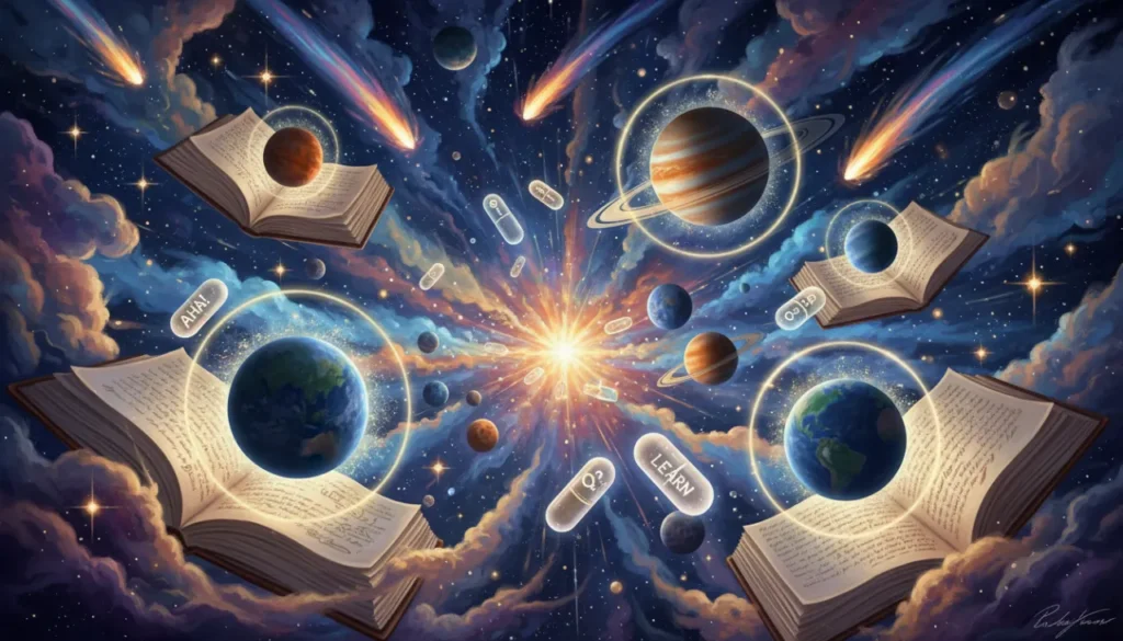 Sistema Solar: nebulosas como livros abertos, pílulas de conhecimento flutuam, despertando caça-palavras e curiosidade.