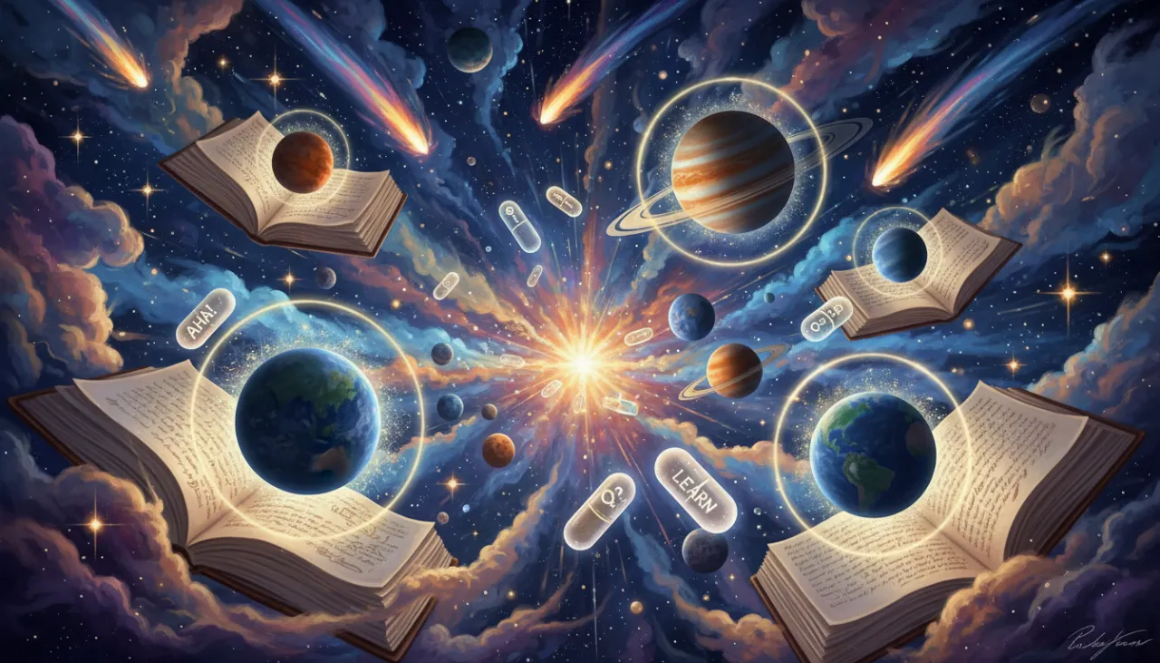 Sistema Solar: nebulosas como livros abertos, pílulas de conhecimento flutuam, despertando caça-palavras e curiosidade.
