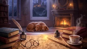 Uma sala aconchegante no meio do mundo mágico de Hogwarts.