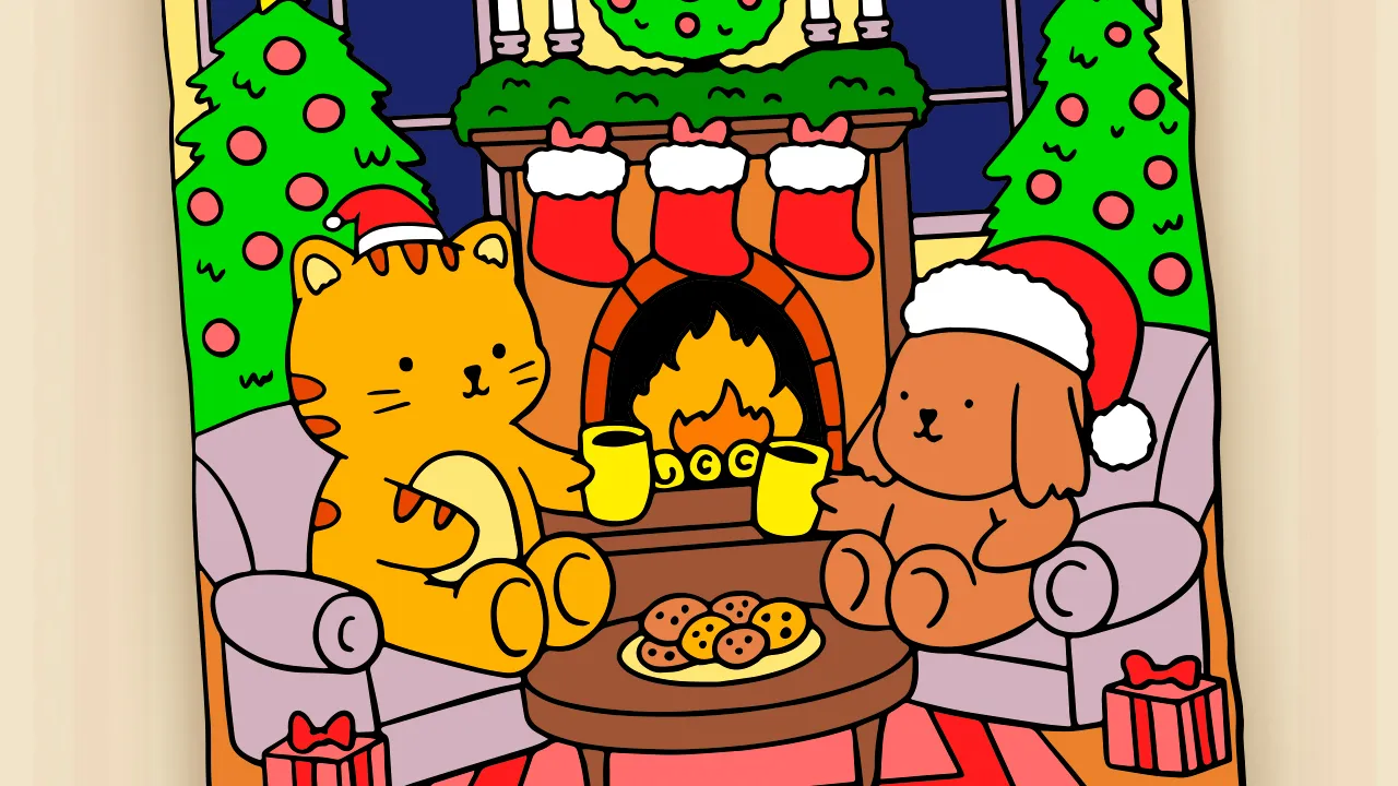 Desenho kawaii de bichinhos fofinhos em uma noite aconchegante de Natal