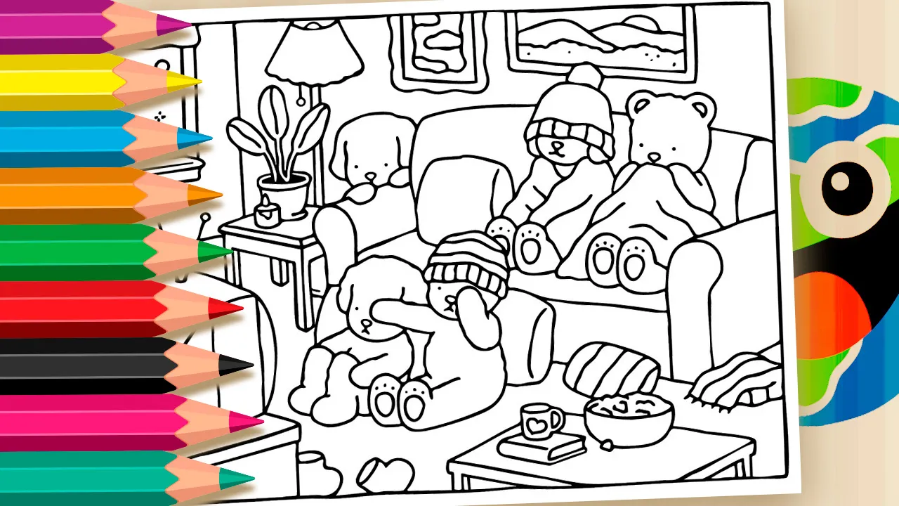 Desenho de Desenho Kawaii para colorir - amigos no sofá assistindo TV com cobertor - PDF grátis ou colorir online