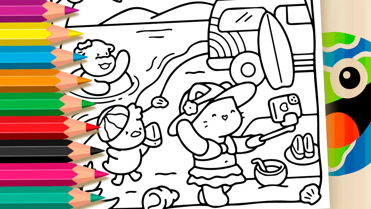 Desenho de Férias na Praia Kawaii para Colorir – Imprimir PDF Grátis ou Pintar Online!