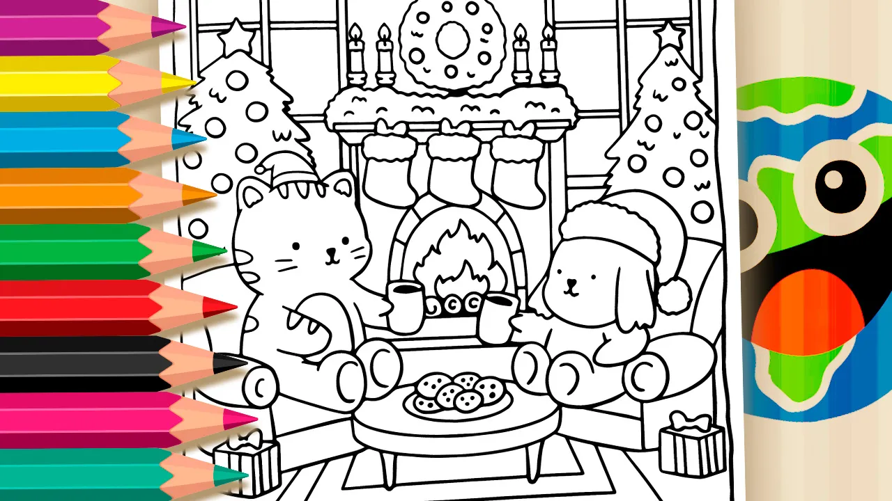 Desenho de Natal Kawaii para colorir - gatinho e cachorrinho sentados à lareira com árvores de natal - imprimir PDF ou colorir online grátis