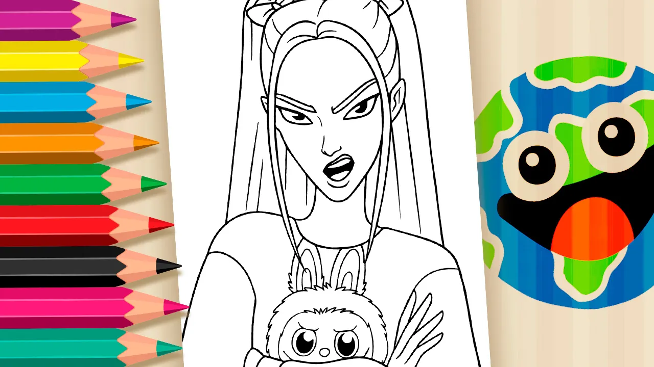 Desenho da Mira K-pop Demon Hunters para colorir - personagem brava com camisa do Labubu - imprimir PDF ou colorir online grátis