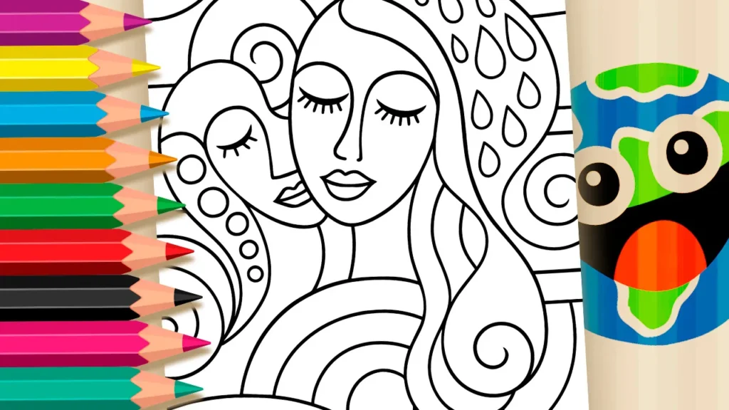 Desenho para colorir online adulto - rostos femininos abstratos estilo arte terapia com linhas curvas - imprimir PDF ou colorir online grátis
